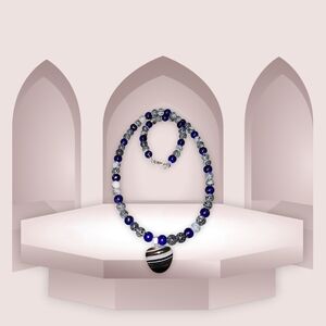 Snake Skin Agate And Lapis Beads With Agate Heart Pendant